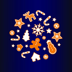 Creative Christmas Ball Silhouette Made of Gingerbread Cookies on Dark Background. Modern Flat Vector Illustration. Design Template.