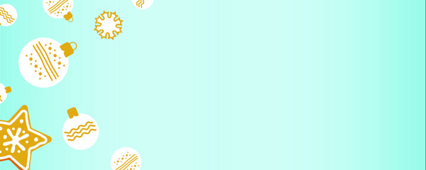 Merry Christmas Website Banner Template. Modern Flat Vector Illustration. Gingerbread Star and Christmas Ball with Beautiful Decoration on Blue Background.