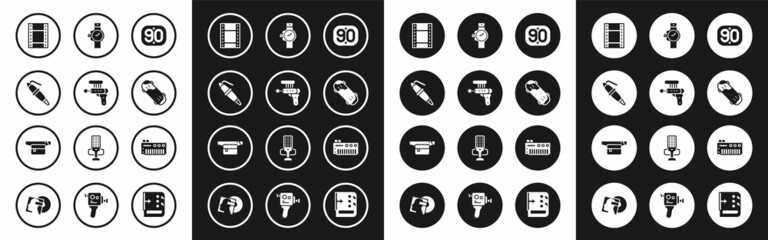 Set 90s Retro, Ray gun, Fountain pen nib, Play Video, Skateboard trick, Wrist watch, Music synthesizer and Waist bag of banana icon. Vector