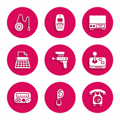 Set Ray gun, Ear with earring, Telephone handset, Joystick, Pager, Retro typewriter, Old video cassette player and Yoyo toy icon. Vector