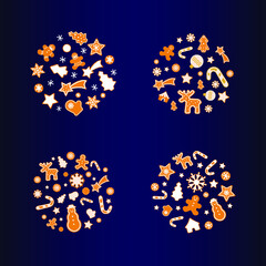 Set of Creative Christmas Balls Silhouette Made of Gingerbread Cookies on Dark Background. Modern Flat Vector Illustration. Design Template.