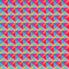 Multicoloured geometric triangle divided pyramid style SVG vector repeat tile wallpaper pattern in blue turquoise green yellow orange red magenta and pink. File is grouped for ease of colour change