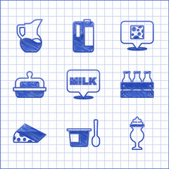 Set Lettering milk, Yogurt container with spoon, Milkshake, Bottled wooden box, Cheese, Butter butter dish, and jug or pitcher icon. Vector