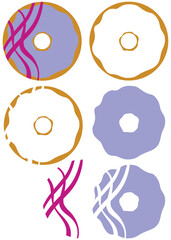 Light biscuit brown round circular holed doughnut with lilac purple iced frosting and wavy crisscross magenta raspberry piped sauce drizzle. Layered SVG graphic suitable as digital cut file.
