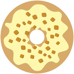 Light biscuit brown round circular holed doughnut cookie cake with cream iced frosting and 3d toffee fudge cubed chunk sprinkles. Layered SVG graphic suitable as digital cut file.