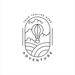 air balloon logo line art simple minimalist vector illustration template icon design. adventure fly with balloon transportation concept with badge typography