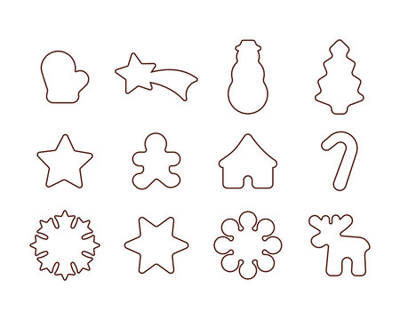 Set of Different Christmas Gingerbread Cookies. Modern Flat Vector Illustrations. Gingerbread Cookies in Line.