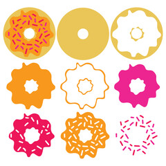 Light brown round circular holed doughnut with orange iced frosting and pink red sugar strand sprinkles. Grouped vector and separated SVG layers, suitable as cut file.

