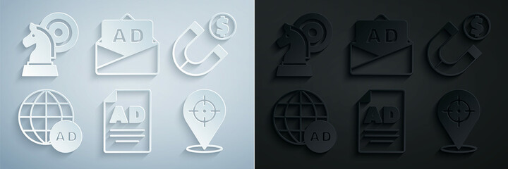 Set Advertising, Magnet with money, Target, and Chess icon. Vector