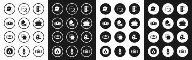 Set Gas filling station, Propane gas tank, for vehicle, Word oil, Oil storage, Location and, and icon. Vector