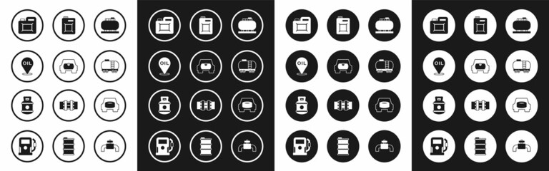 Set Oil tank storage, Gas for vehicle, Refill petrol fuel location, Canister motor oil, railway cistern, Spare wheel in the car and Propane gas icon. Vector