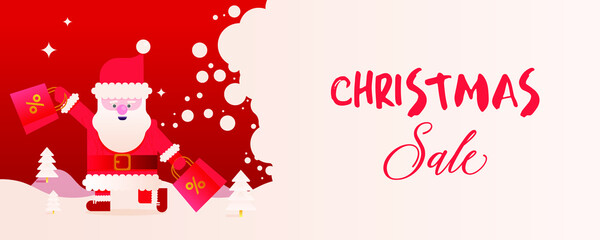 Modern Flat Vector Concept Illustration of Cheerful Santa Claus with Bags with Discount Sign on the Snow Covered Landscape. Christmas Sale Web Banner.