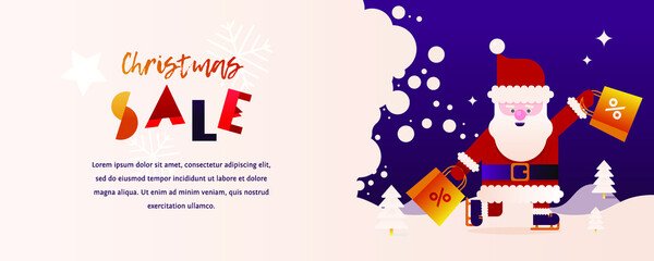 Modern Flat Vector Concept Illustration of Cheerful Santa Claus with Bags with Discount Sign on the Snow Covered Landscape. Christmas Sale Web Banner.