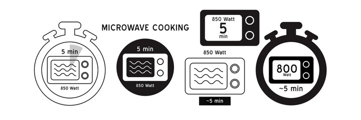 Meal Timer logo design. 5 minutes cook in boiling saucepan, fry pan,  microwave watt and oven cooker.