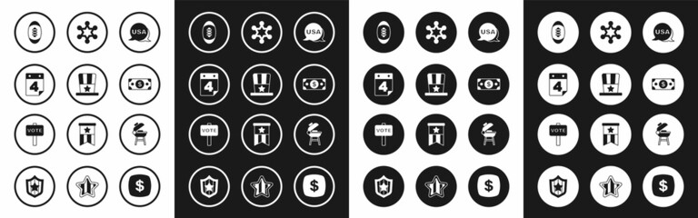 Fototapeta premium Set USA Independence day, Patriotic American top hat, Calendar with date July 4, Football ball, Stacks paper money cash, Hexagram sheriff, Barbecue grill and Vote icon. Vector