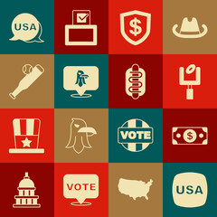 Set USA Independence day, Stacks paper money cash, American football goal post, Shield with dollar, Eagle, Baseball bat, and Hotdog sandwich icon. Vector