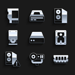 Fototapeta premium Set Server, Data, Web Hosting, camera, RAM, random access memory, Hard disk drive HDD, Case of computer, Optical disc, and SD card icon. Vector