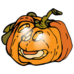 Pumpkin for Halloween. Graphic drawing of Jack's lantern. A red pumpkin with cutouts for eyes and mouth. It glows from the inside. Holiday, surprise, congratulations. Print on fabric and paper.