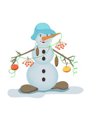 Vector  snowman with cones, apples and rowan berries. Caracter winter illustration. Design for card, poster, background