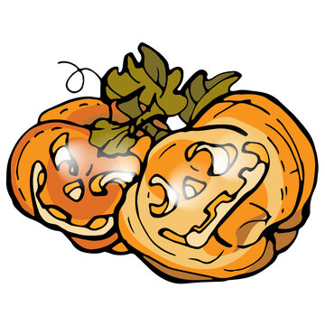 Pumpkin for Halloween. Graphic drawing of Jack's lantern. A red pumpkin with cutouts for eyes and mouth. It glows from the inside. Holiday, surprise, congratulations. Print on fabric and paper.