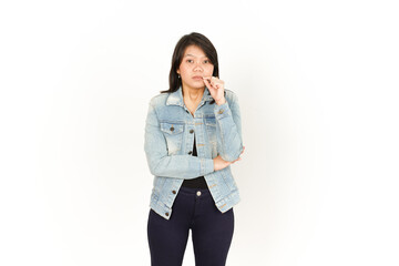 Keep Secret lip shut of Beautiful Asian Woman Wearing Jeans Jacket and black shirt Isolated On White Background