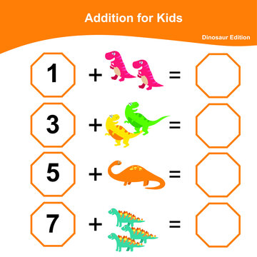addition math game for preschool counting game worksheet for children dinosaur math worksheet edition educational printable math worksheet vector illustration stock vector adobe stock