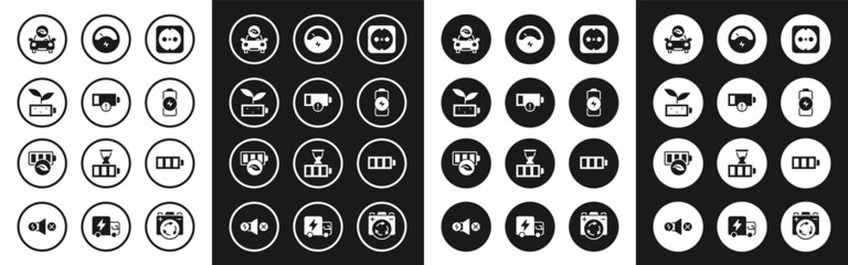 Set Electrical outlet, Low battery, Eco nature leaf, car, Battery charge, Voltmeter, and icon. Vector