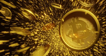 gold bitcoin or BTC drop from sky on gold line and black background copy space .3D Rendering.