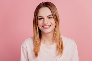 Obraz premium Photo of attractive young woman ctoothy smile ceramic veneers stomatology isolated on pastel blue color background