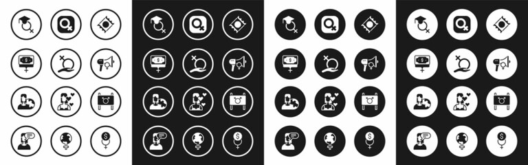 Fototapeta premium Set Condom in package, Female gender, Money growth woman, Teacher, Feminist activist, and Women from different countries icon. Vector