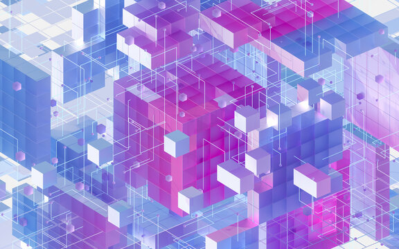 Fototapeta Translucent gradients cubes and materials, 3d rendering.