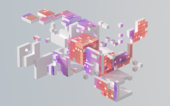 Fototapeta Translucent gradients cubes and materials, 3d rendering.