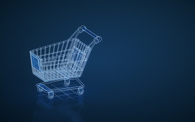 Empty shopping cart with blue background, 3d rendering.