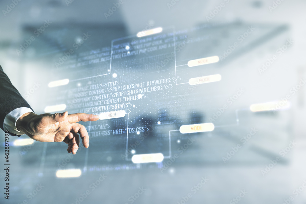 Aufkleber multi exposure of man hand presses on abstract software development hologram on blurred office backg