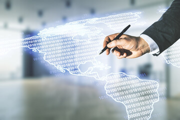 Double exposure of businessman hand with pen working with graphic America map on blurred office background, big data and digital technology concept