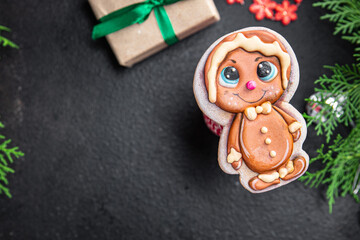 christmas gingerbread cookie sweet dessert gift new year greeting card homemade pastries biscuit food background copy space holiday decor 