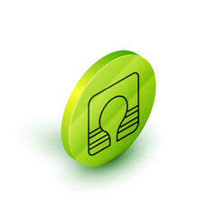 Isometric line Life jacket icon isolated on white background. Life vest icon. Extreme sport. Sport equipment. Green circle button. Vector