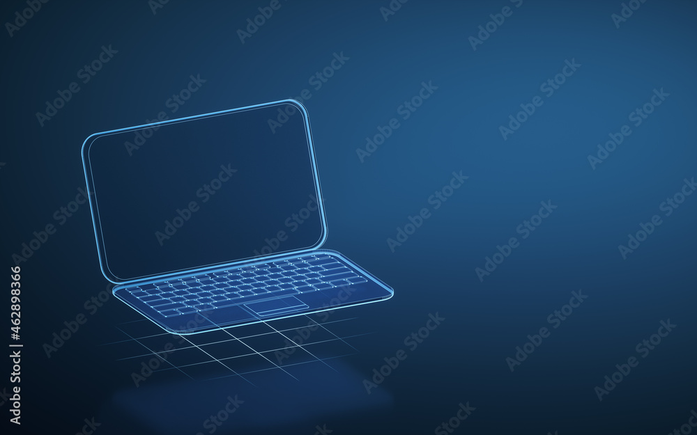 Wall mural Laptop and blue glowing lines with dark background, 3d rendering.