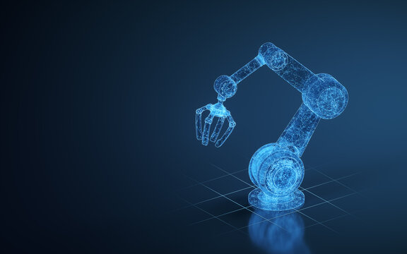 Robotic arm with blue background, 3d rendering.
