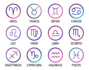 Zodiac signs. Vector icons set. Zodiac symbols bright gradient trendy design. Astrological elements isolated