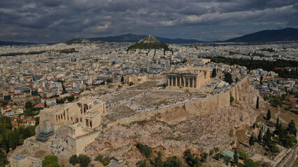 Aerial drone photo of Masterpiece Acropolis hill and the Parthenon on a beautiful cloudy morning,...