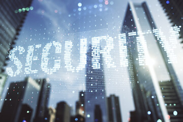 Virtual cyber security creative concept on blurry cityscape background. Double exposure