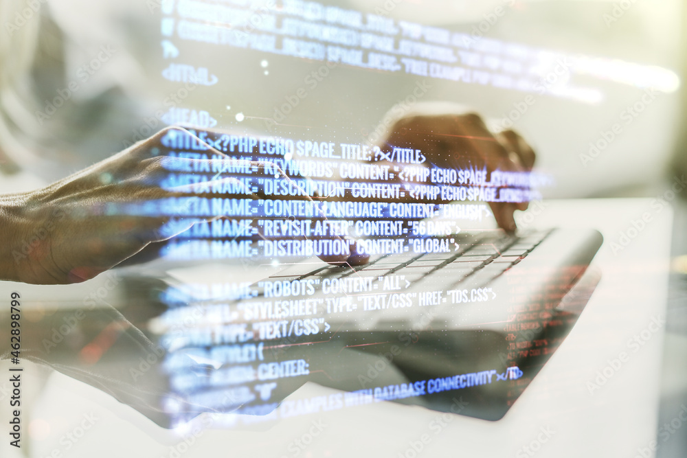 Poster multi exposure of abstract software development hologram and hands typing on computer keyboard on ba