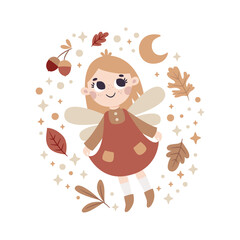 Cute vector magic illustration with tooth fairy character, autumn leaves, berries, branches, plants, bubble, wings, stars