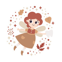 Cute vector magic illustration with tooth fairy character, autumn leaves, berries, branches, plants, bubble, wings, stars