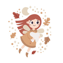 Cute vector magic illustration with tooth fairy character, autumn leaves, berries, branches, plants, bubble, wings, stars