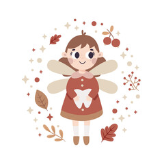 Cute vector magic illustration with tooth fairy character, autumn leaves, berries, branches, plants, bubble, wings, stars