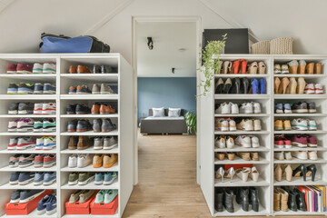 Shelves with shoes near doorway
