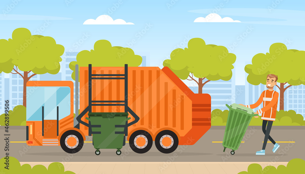 Sticker Man Waste Collector or Garbageman in Orange Uniform Collecting Municipal Solid Waste and Recyclables in Garbage Truck Vector Illustration