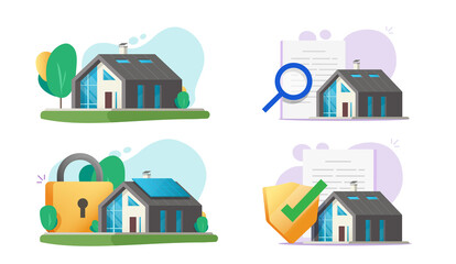 New smart home house insurance inspection vector, real estate mortgage document expertise or research idea, cottage security and protection systems, property safety shield flat cartoon illustration